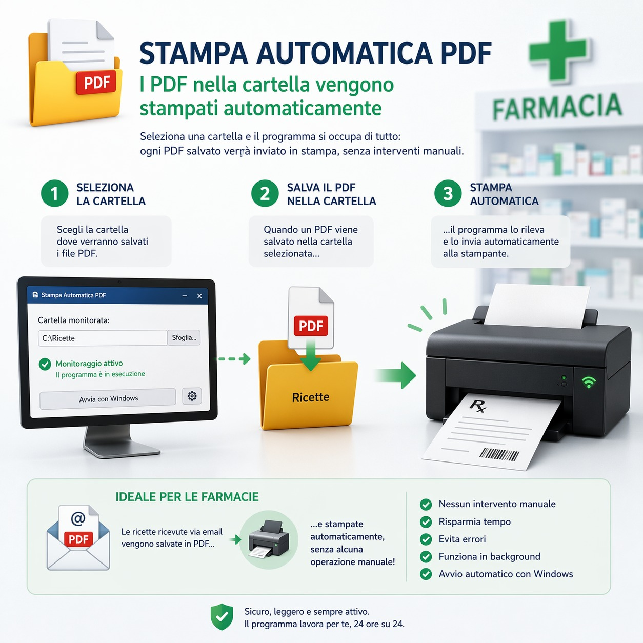 Schema della stampa automatica PDF per farmacia: seleziona cartella, salva PDF, stampa automatica